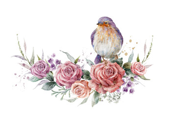 Floral watercolor garland with bird, roses and herbs. Rose garland. Digital illustration.