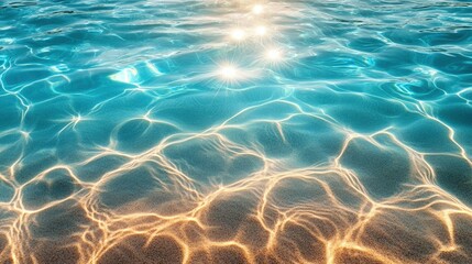 Fototapeta premium Sunlight reflects off clear, shallow water with ripples, creating shimmering patterns on a sandy bottom.