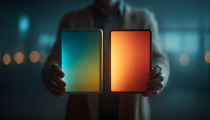 AB testing comparison on white. Hands hold two tablets with different colorful screens. Concept advertising technology. Display two ad variations, choose best for business. Decision making via