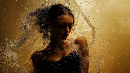 Fototapeta premium Woman splashed with water in dramatic golden light for beauty wellness lifestyle spa freshness vitality energy