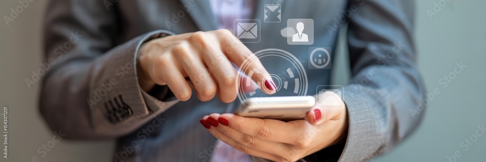 Poster a person interacting with a smartphone displaying overlayed communication icons.