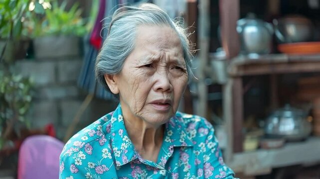 An elderly Asian woman holds the back of her head and experiences a sudden and excruciating headache after a head injury, which may indicate increased pressure in the brain.