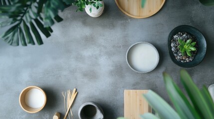 Fototapeta premium Healthy breakfast flatlay with matcha tea bowl bamboo whisk oatmeal and green leaves on stone