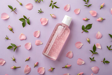 Pink rose petal beauty product flat lay
