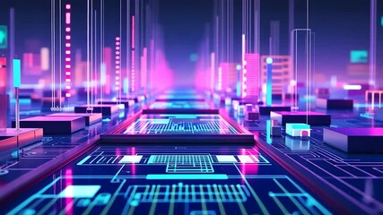 Futuristic cityscape on a glowing circuit board - Powered by Adobe