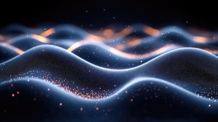 Abstract data waves, digital landscape, glowing particles, dark background