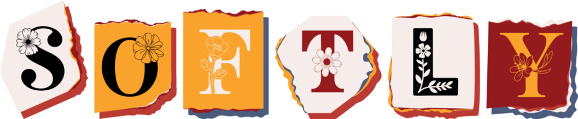 SOFTLY Floral Typography of a Concept Word � Elegant Torn Paper Letter Design