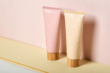 Pink and beige cosmetic tubes with wooden bases