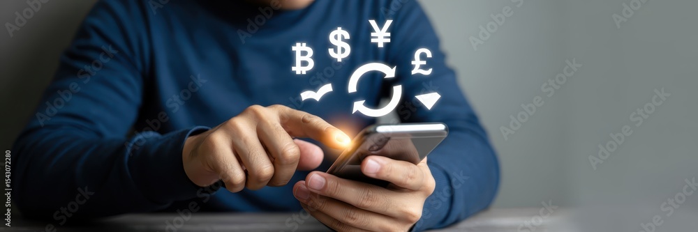 Aufkleber a person interacts with a smartphone displaying currency symbols and a refresh icon.