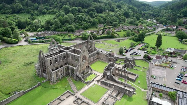 Tintern Abbey and River Wye, Chepstow South Wales. Beautiful aerial view, summer daytime