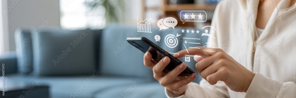 Poster person using a smartphone with customer feedback interface.