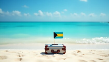 Small Bahamas flag attached to a travel suitcase resting on a sandy tropical beach with turquoise ocean and blue sky. A peaceful symbol of vacation, freedom, and national identity.