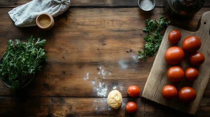 Rustic kitchen wood table cooking tomato fresh herb food preparation culinary natural organic recipe