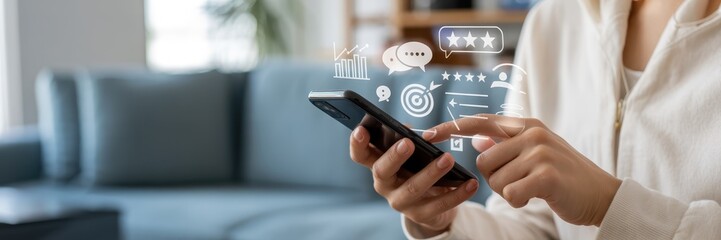 Person using a smartphone with customer feedback interface.