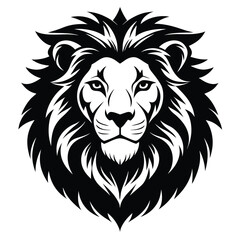 Obraz premium A majestic lion's head stares forward, displaying a stark and powerful monochrome image