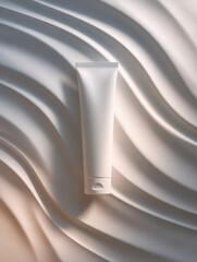 Minimalistic flat lay shot of white sunscreen tube against textured background, showcasing its sleek design and emphasizing importance of sun protection