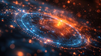 Abstract digital circuit, swirling energy, cosmic background, futuristic concept