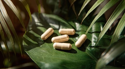 Natural supplement capsules are displayed on a vibrant green leaf, suggesting a connection to organic health and wellness within a natural setting and environment.
