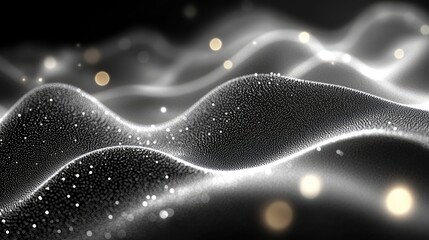 Abstract digital data waves, glowing particles in dark background