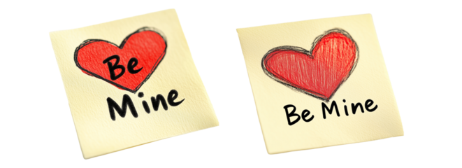 Set of Hand drawn red heart sketch with Be Mine text below placed on a yellow textured paper isolated on white transparent background. Concept of love and affection