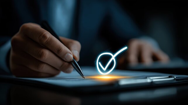 Approval and Execution: A close-up shot of a person's hand meticulously completing a task with pen. The luminous check mark symbolizes the completion of approval or tasks.