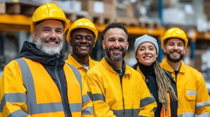 Group of diverse factory employees smiling and posing together in safety gear