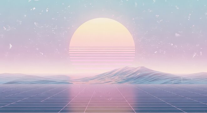 Retro Horizon: Synthwave Sunset Over Mountainous Terrain with Grid Overlay