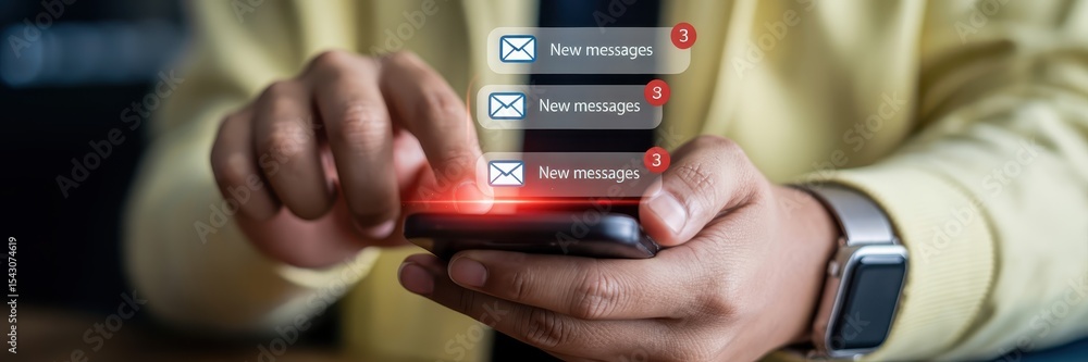 Poster person interacting with a smartphone displaying new messages.