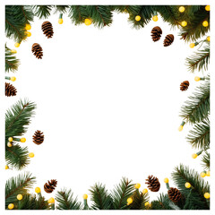 Fototapeta premium Christmas frame with pine branches lights and cones transparent background