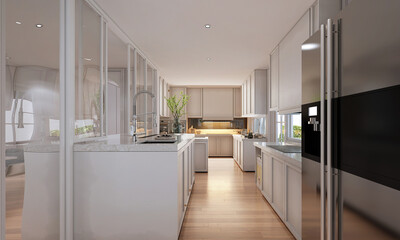 modern kitchen room white wall pattern background. 3d render.