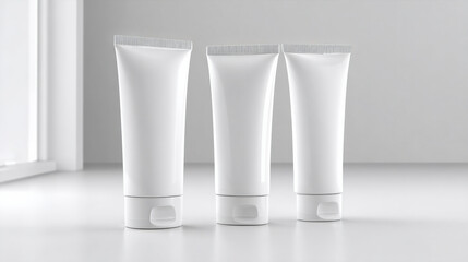Minimalist design featuring three identical sunscreen tubes aligned diagonally on clean surface, showcasing modern aesthetic perfect for skincare products