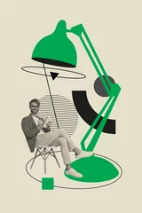 Fototapete Rund Sketch template design 3D photo collage composite of hiring occupation workspace young man sit armchair lamp writer hold pen copybook © deagreez