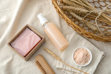 Natural beauty products flatlay with wheat