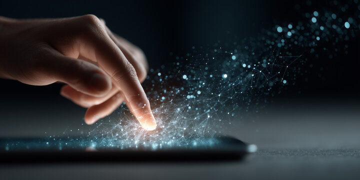  Glowing web between hand and tablet visualizes AI contextual intent mapping.

