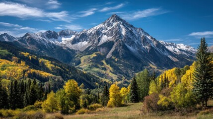 Fototapeta premium Stunning mountain landscape featuring a high peak framed by colorful fall foliage in shades of gold and green, set against a pristine cloudless sky with crisp air and rugged mountain textures
