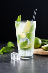 Classic Mojito Cocktail with Lime and Mint on black background