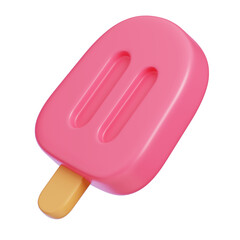 Pink Strawberry Ice Cream Stick Isolated. Cartoon Style Junk Food and Dessert Icon Concept. 3D Rendering.