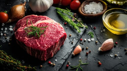 Raw marbled beef steak on a dark slate surface, surrounded by ingredients like olive oil, garlic cloves, peppercorns, and herbs, dramatic overhead lighting for a moody kitchen atmosphere.
