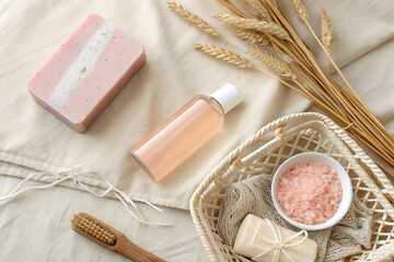 Spa day essentials pink soap body wash and bath salts