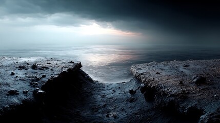 Obraz premium a dramatic, moody scene presents a dark, rocky promontory overlooking a vast, tranquil expanse of water