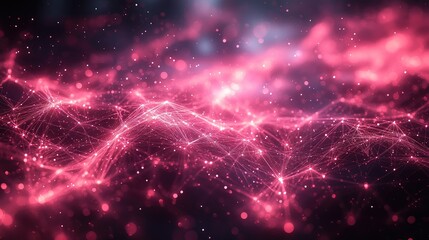 Abstract digital network, glowing pink, cosmic background