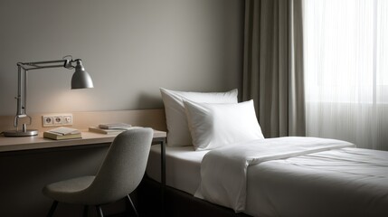 Minimal inn room with a simple single bed, clean white sheets, and a sleek writing desk with a lamp and notebook, against neutral-colored walls