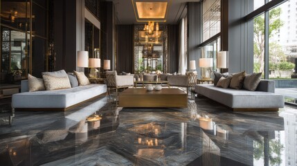 Marble tile floor in a luxurious living room, elegant reflections from modern furniture and lighting