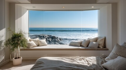 A bay window in a luxury bedroom with an ocean view, minimal decor