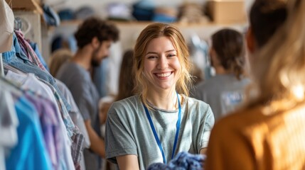 A cheerful volunteer distributing donated clothes to individuals in need, in a well-lit room