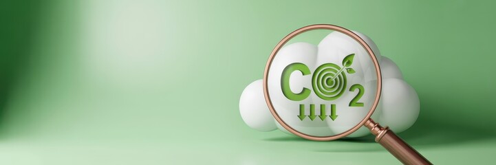 Magnifying glass focusing on a cloud-shaped co2 reduction symbol.
