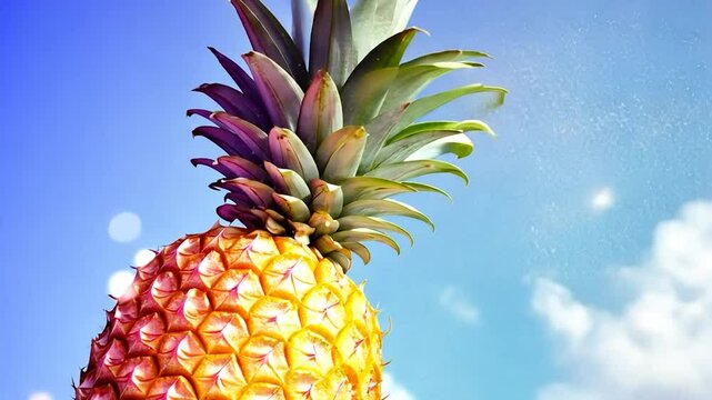 Vibrant pineapple against a bright, textured sky; sunlit, tropical feel