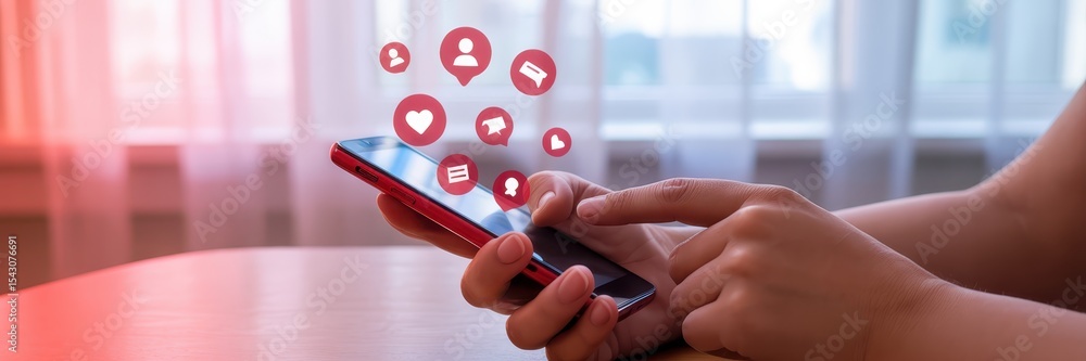Poster hands interacting with a smart phone displaying social media icons.