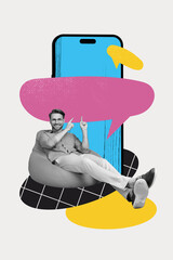3d sketch image vertical collage of happy man sit beanbag point smartphone device screen bubble...