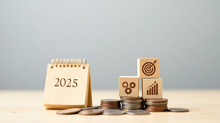 2025 Financial Goals with Coins and Wooden Blocks,